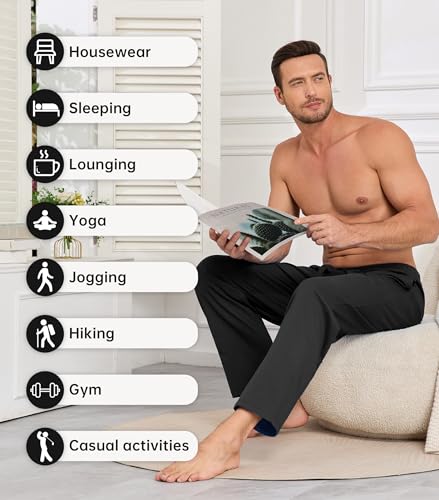 COLORFULLEAF 100% Cotton Mens Pajama Pants Lightweight Sleep Lounge Bottoms Elastic Waistband Button Fly With Pockets4
