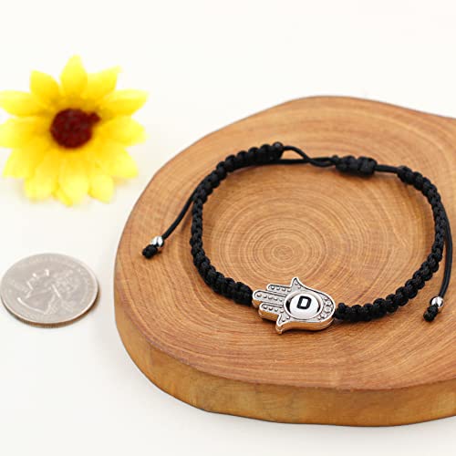 Image of Uloveido Customized A to Z 26 Letters Hand of Fatima Bracelet - Fatima Hamsa Hand Evil Eye Protection Bracelet Lucky Charm Adjustable Braided Black String