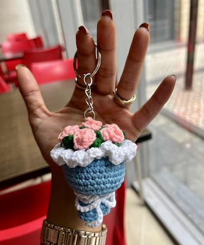 Image of Handmade Crochet Floral Bouquet Keychain, Blue Base with Pink Roses, White Cloud Detail, Decorative Bag Charm