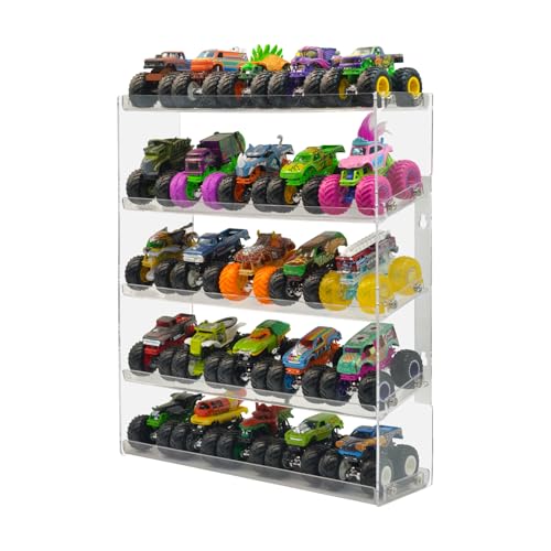 AAiphuwew Acrylic Monster Trucks Display Case - Holds Up to 25 Car Collectibles, Clear 5 Tiers Toy Truck Cars Display Storage Organizer Tire Shelf