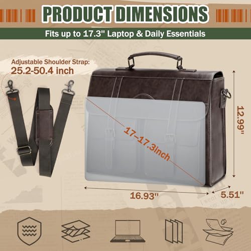 Image of RAINSMORE Mens Messenger Bag 17 /18 Inch Vintage Leather Laptop Briefcase Large Satchel Computer Shoulder Bag
