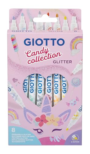 GIOTTO Turbo Glitter Candy Collection, Rotuladores de Fibra de Tinta con Purpurina, Forma Redonda, Colores Surtidos, 8 unidades