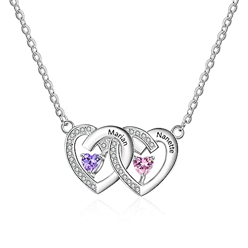 RolaOnly Personnaliser Pendentif Coeur en Collier 2 Prenoms 925 Sterling Argent avec Cristals Pierre de Naissance Cadeau Femme/Épouse/Petite Amie/Sœur/Cadeau Cover