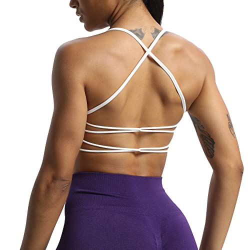 Aoxjox Women's Workout Sports Bras Fitness Julie Crossback Thin Straps Padded Low Impact Bra Yoga Crop Tank Top (White, Medium) #TOP1