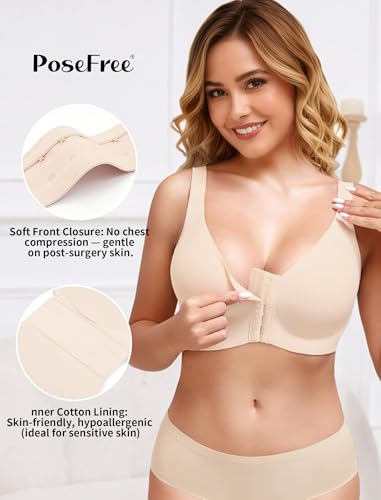 Image of PoseFree Post Surgery Bra Front Closure, Compression Bras for Women Post Op Support After Breast Augmentation, Reduction