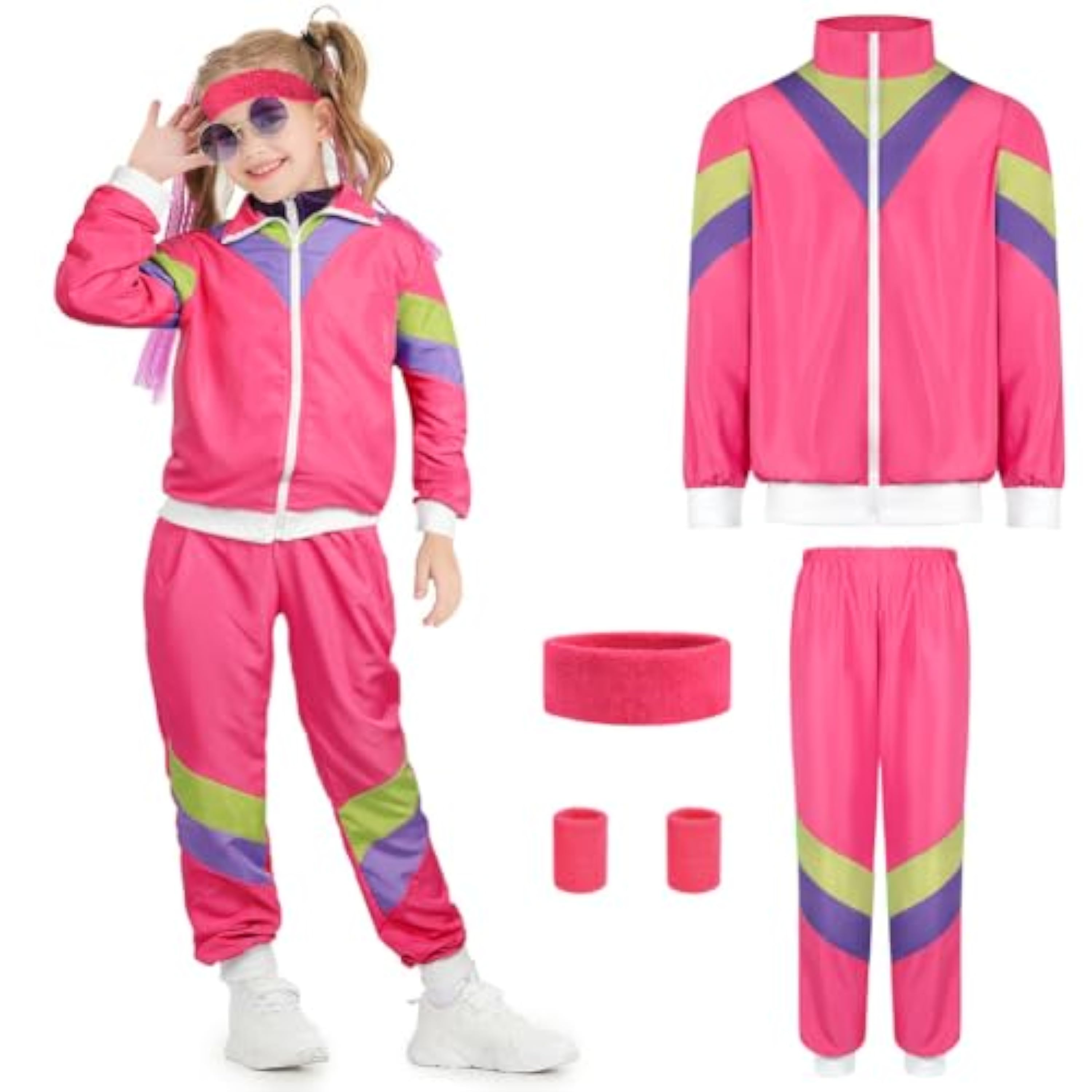 AYBUY Disfraz Niños Chandal, Disfraz de Chándal de Los Años 80 con Bolsillos, Chaqueta y Pantalón con Diadema y Muñequera, Estilo Retro, Disfraz para Grupo, Fiesta Temática, Rosa Roja M (125-140cm)