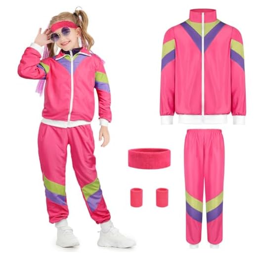 AYBUY Disfraz Niños Chandal, Disfraz de Chándal de Los Años 80 Con Bolsillos, Chaqueta y Pantalón con Diadema y Muñequera, Estilo Retro, Disfraz para Grupo, Fiesta Temática, Rosa Roja S (110-125cm)