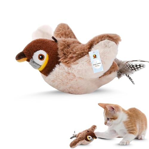 Image of Foodie Puppies Interactive 3 Mode Flapping Wings Bird Cat Toy with Catnip - (Flapping Sparrow) for Cats & Kittens I Touch Activated, Rechargeable, Chirping Sparrow Sound Plush Toys for AduIt Bored Cat