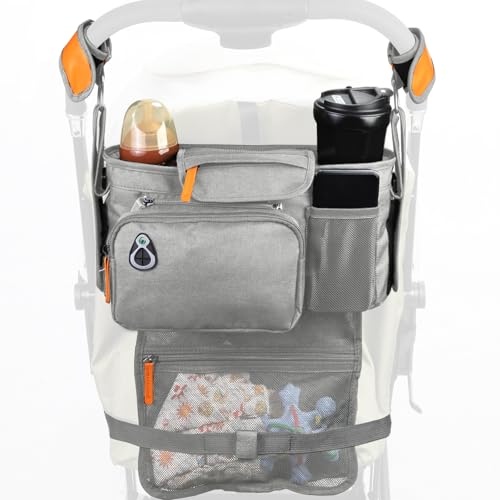 Image of UMBEIBEI Universal Stroller Organizer with Insulated Cup Holder and Phone Holder, Large Pocket, Fits Most of Stroller Like Baby Jogger, Britax, BOB, Umbrella, Doona (Grey)