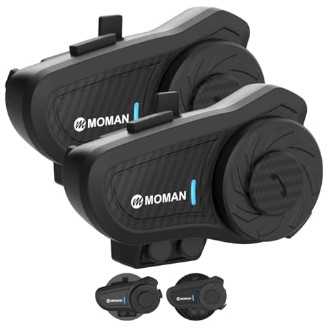 Moman Motorcycle Intercom, H2 Pro【2 Pack Carbon】 Helmet Headset Wireless Communication System to 1000M with DSP&CVC Noise Cancellation IP65 Waterproof FM, Motorcycle-Intercom-Headset-Helmet-Motobike Cover