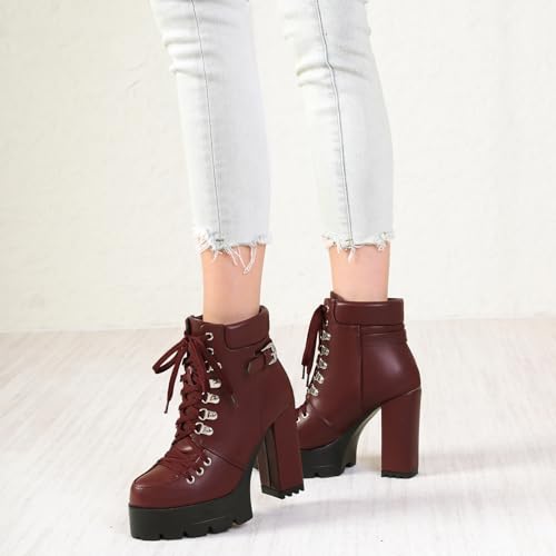 Image of Susanny Sexy High Heels for Women Boots Round Toe Platform Booties Lace Up Suede Side Zipper Ankle Bootie