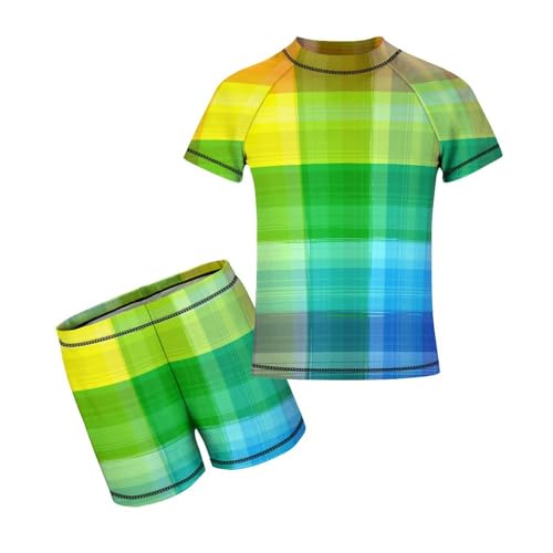 Rainbow Color Paint PlaidChildren's Swimsuits Boys Two Piece Suit10-12Y（150cm）