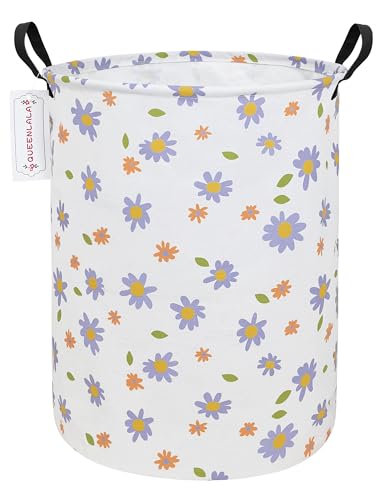 QUEENLALA Large Storage Basket,Laundry Hamper/Bathroom/Home Decor/Collapsible Round Storage Bin,Boys and Girls Hamper/Boxes/Clothing(Round-Purple flowers)