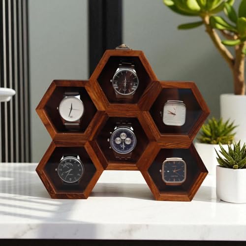 Image of Vintage Wooden Watch Box for Men, Timepiece Display Case, Honeycomb Watch Storage & Organizer, Jewlery Box for Women, Anniversary Gift For Husband (6 Compartment (Other Design))