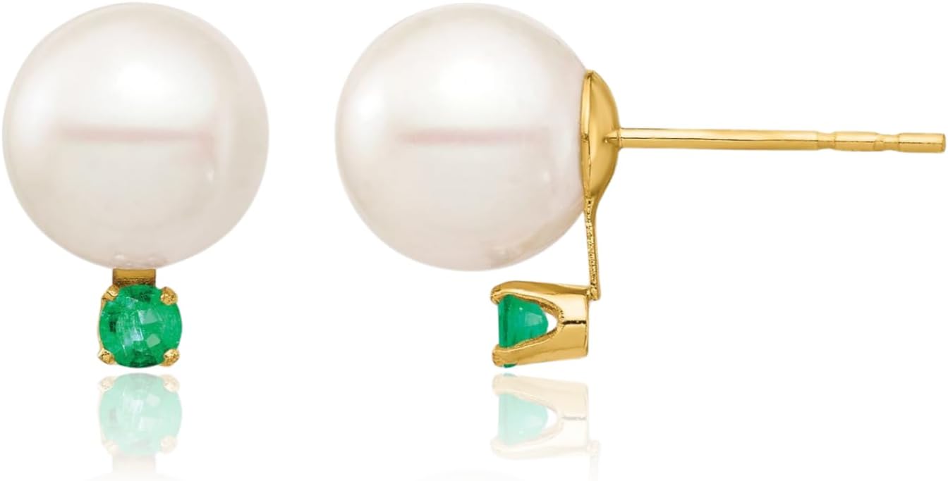 IceCarats 14K Solid Yellow Gold 0.18 carat Green Emerald Pearl Large Freshwater Stud Earrings Round Cut, Cultured, Prong Set, Butterfly Back For Her