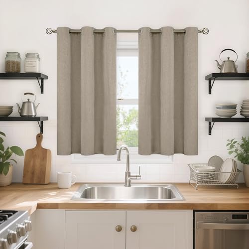 Image of YoungsTex Burlap Taupe Linen Blackout Kitchen Curtains 40 Inch Length, Short Thermal Insulated Drapes with Grommet Darkening Privacy for Bedroom Window, 2 Panels, 42 X 40 Inch