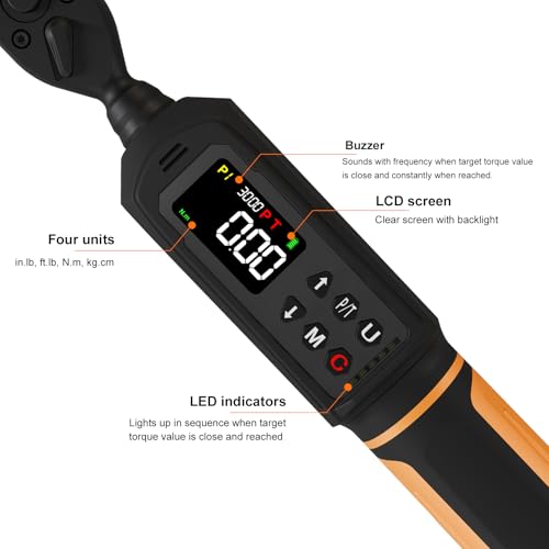 Digital Torque Wrench 1/4 Drive, 1.1-22.1 Ft-lbs/1.5-30Nm Range, Electric Torque Wrench with Dual Direction Ratchet, ±1% Accuracy with Vibration, Buzzer and LED Alert