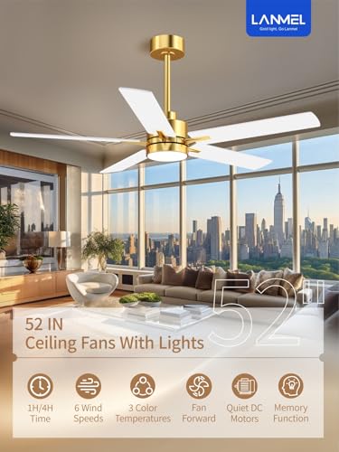 Image of LANMEL 52'' Ceiling Fan with Lights and Remote, Low Profile Modern Ceiling Fan Gold, 6 Speed, Reversible, 3000k-6000k LED, Quiet DC Motor Ceiling Fans for Indoor Outdoor Bedroom Living Room