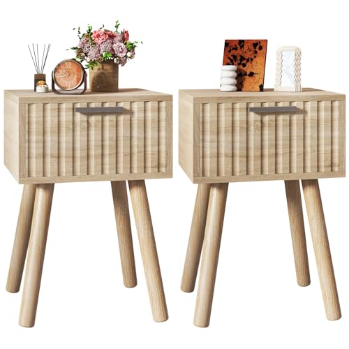 YMYNY Mesita de Noche de Madera Ondulada, Juego de 2, Pequeña Mesa Auxiliar, Mesilla de Noche con Cajón, Piernas de Madera Maciza, Cadena de fijación, para Dormitorio, Color Natural HST014R-2