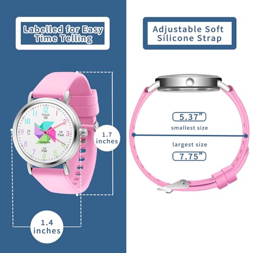 Kids Watch Analog Waterproof, Pinwheel Learning Watch for Kids 8-12, Teacher Watches for Girl Ages 5-7 6-8, Easy to Read Educational Girls Watches Pink4