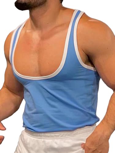 Men's Deep U Neck Tank Tops Solid Sleeveless Casual Gym Sports Loose Fit T Shirts Athletic Workout Basic Tees - Main Image