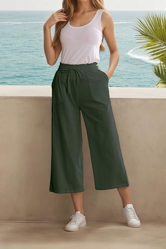 Image of LNX Womens Linen Capri Pants Wide Leg High Waisted Drawstring Casual Cropped Pants with Pockets