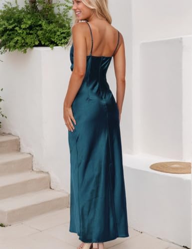 Summer Satin Maxi Dresses for Women 2025 Cowl Neck Ruched Silk Formal Wedding Guest Bridesmaid Slip Dress with Slit3