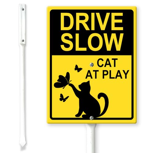 Horienteeon Drive Slow Cats at Play Yard Sign with Stakes 20×30cm, Sturdy Aluminum Yard Signs Easy Mounting, Pets At Play Safety signs for Street, Street Slow Down Animals Crossing Sign