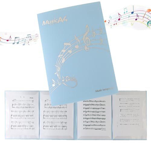 楽譜ファイル A4サイズ 6枚収納可 4ページ展開 書き込みできる 譜面ファイル 楽譜ホルダー 見開き 反射防止 カバー ピアノ 電子ピアノ アクセサリー (ブルー)