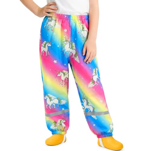 FILOWA Pantalon de Pluie Enfants Imperméable Coupe-Vent Pantalon Boue Filles Licorne Imprimé Non Doublée Salopette Pluie avec Réfléchissantes Respirant Léger Vêtements de Pluie Cyclisme pour 3-4 Ans