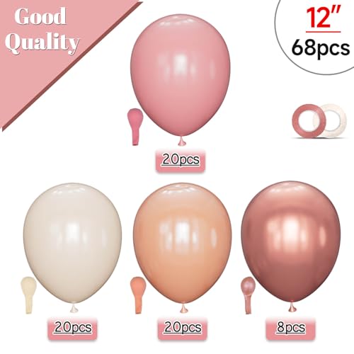 Image of 68 Pcs Retro Pink Nude Party Balloons 12Inch Dusty Pink Metallic Rose Gold Balloon Beige Blush Latex Ballons for Girls Birthday Wedding Baby Shower Party Decorations.
