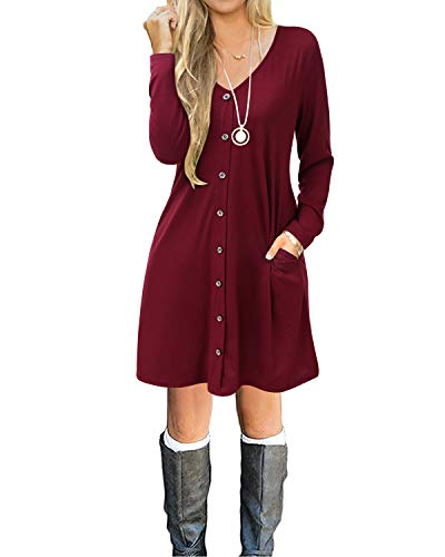 SOLERSUN Tunic Dresses with Pockets for Women, Women s Casual T-Shirt Dresses Long Sleeve Stripe Tunic Loose Swing Autumn Dress with Pockets Wine red L