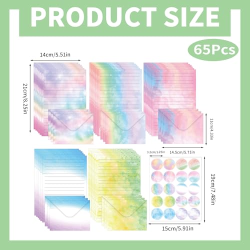 65 Teiliges Aquarell Briefumschlag Set,30 Blatt A5 Briefpapier mit 15 Umschlägen und 20 Verschlussaufklebern,Hübsches Briefpapier Set für Liebesbriefe Geburtstagseinladungen Muttertag (Aquarell-D)