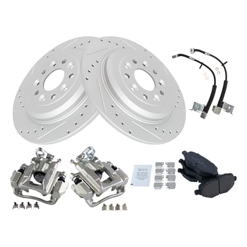 Image of TRQ Performance Rear Brake Pad and Rotor Set Ceramic Drilled Slotted Rotors Calipers Compatible with 2011 Ford Explorer