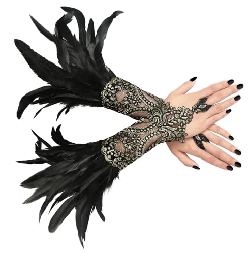 MCJC Black Lace Feather Gloves, Swan Wings Wrist Bands, Witch Angel Costume Accessories