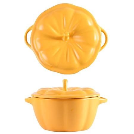 SalLady Soup Bowl Ceramic Non-skid Pumpkin Shape Leakproof Crock Bowl Stew Bowl with Handle & Lid Portable Elegant Decorative Porcelain Home Fruits