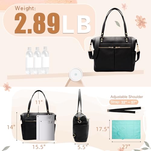 MOMINSIDE Diaper Bag Tote, Leather Diaper Bag Backpack with 14 Pockets, Convertible Baby Bag for Boys Girls, Baby Registry, Changing Pad, Large 4 Insulated Pockets(Black)