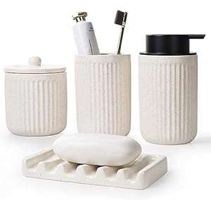 BosilunLife Ceramic Bathroom Accessories Set - Bathroom Counter Soap Set Beige Bathroom Decor Sets Accessories Bathroom Lotion Soap Dispenser and Toothbrush Holder Set, Soap Dish, Apothecary