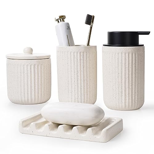 BosilunLife Ceramic Bathroom Accessories Set - Bathroom Counter Soap Set Beige Bathroom Decor Sets Accessories Bathroom Lotion Soap Dispenser and Toothbrush Holder Set, Soap Dish, Apothecary