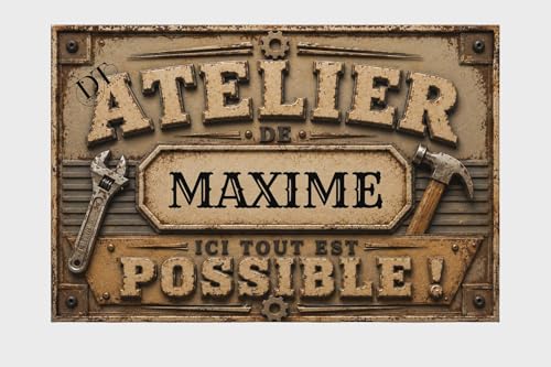 Cadeau bricoleur homme plaque métal personnalisée prénom pour son atelier