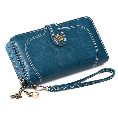 duoyif Monedero Billetera Mujer Vintage Azul, Monedero Mujer Gran Capacidad Larga, Cartera Azul Retro con Pulsera, Cartera De Cuero De La PU con Cremallera (Azul Retro)