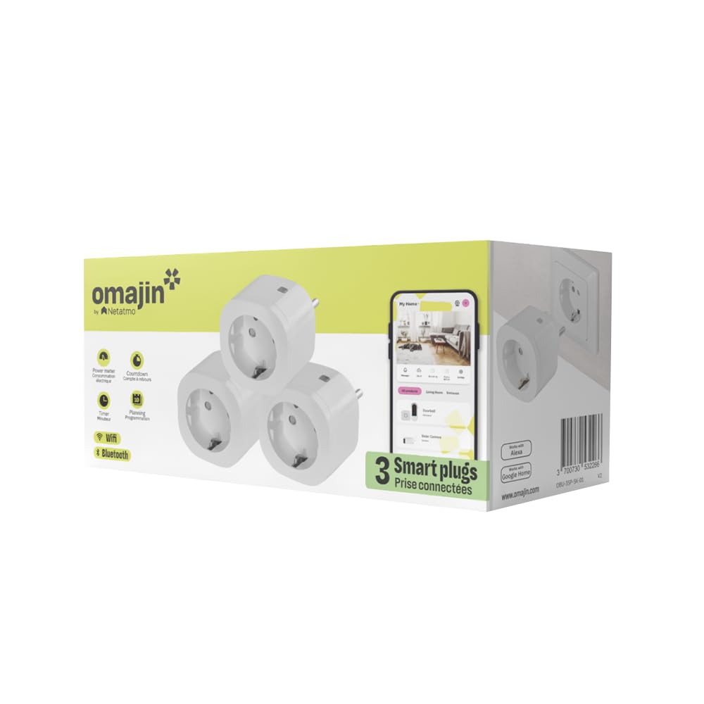 OMAJIN by Netatmo Set di 3 prese intelligenti, Timer, Monitoraggio Consumo, Controllo Remoto, Spegnimento Ritardato, Risparmio Energetico, Wi-Fi 2.4GHz/Bluetooth, 16A/3680W, senza hub, OBU-3SP-SK