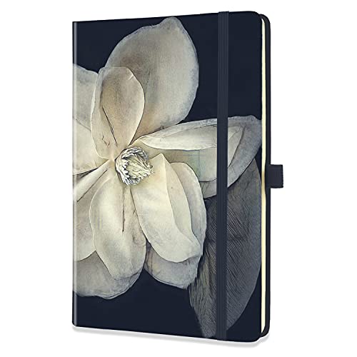 RICCO BELLO College Ruled Hardcover Lined Lay Flat Journal Notebook - Elastic Closure, Pen Loop, Bookmark, Inner Pocket, 192 Lined Pages, 5.7 x 8.4 inches (Magnolia Flower)