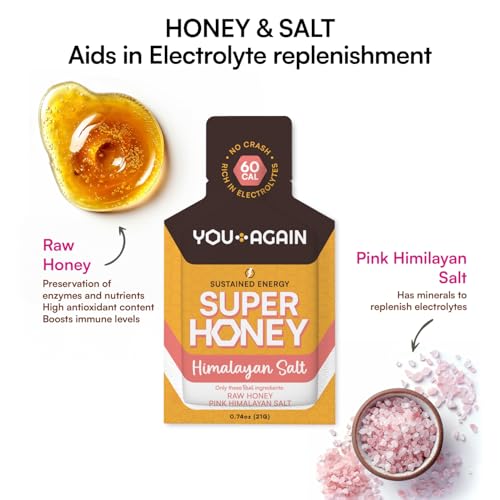 You Again Super Honey Clean Energy Gel, Honey & Himalayan Salt | Electrolyte Replenishment Running Fuel | Endurance Workouts & Cycling Gel | Paleo & Carnivore Snack | Gluten-Free | USA Made | 8-Pack