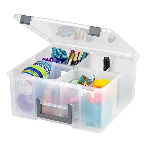 Iris Ohyama, Portable Clear Plastic Storage Compartment Box with Handle, Grey, 25L, Secure Latches, 4 Removable Inner Cups and 4 Dividers, For Hobby, Craft, Art, Craft Box, Crate, BPA Free, DCB-4