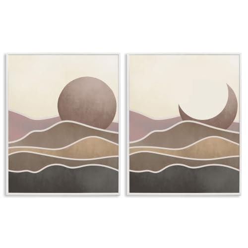 Neutral Toned Landscape Sun Moon, 11 x 14 Inch Framed Giclée Print Set