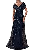 Women's Sequin V-Neck Short Sleeve A-Line Evening Dress Elegant Evening Dresses Party Gowns Navy