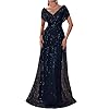 Women’s Sequin V-Neck Short Sleeve A-Line Evening Dress Elegant Evening Dresses Party Gowns