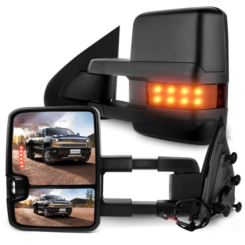 SCITOO Towing Mirrors Compatible With 2014-2018 For Chevy For GMC 1500 2015-2019 For Chevy For GMC 2500 HD 3500 HD A Pair With Power Adjusted Heated LED Turn Signal Clearance Light Black Housing