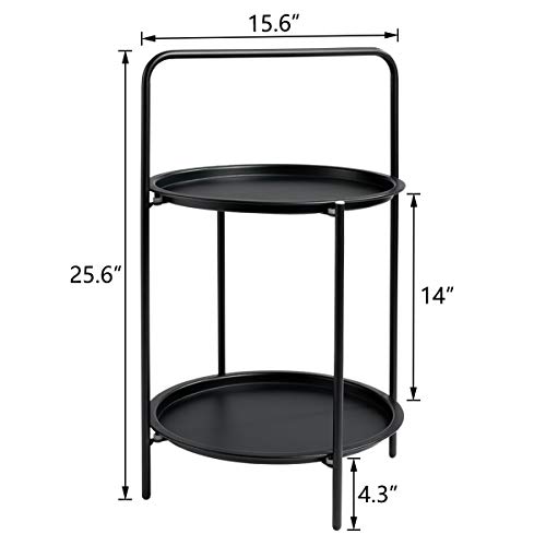 Hollyhome Small Round Metal Tray 2-Tier End Table, Accent Sofa Side Table, Anti-Rust And Outdoor&Indoor Waterproof Snake And Coffee Table, (H) 25.6" X(D) 15.6 ", Black #TOP2
